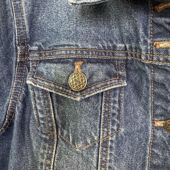 Chico's Jacket Womens Medium Blue Denim Jean Trucker Button Front Logo Buttons - Picture 3 of 9